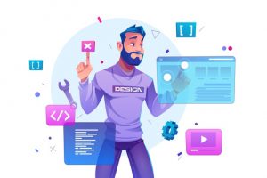 Ilustração colorida de um homem de barba utilizando várias telas com conteúdos de computação e programação.